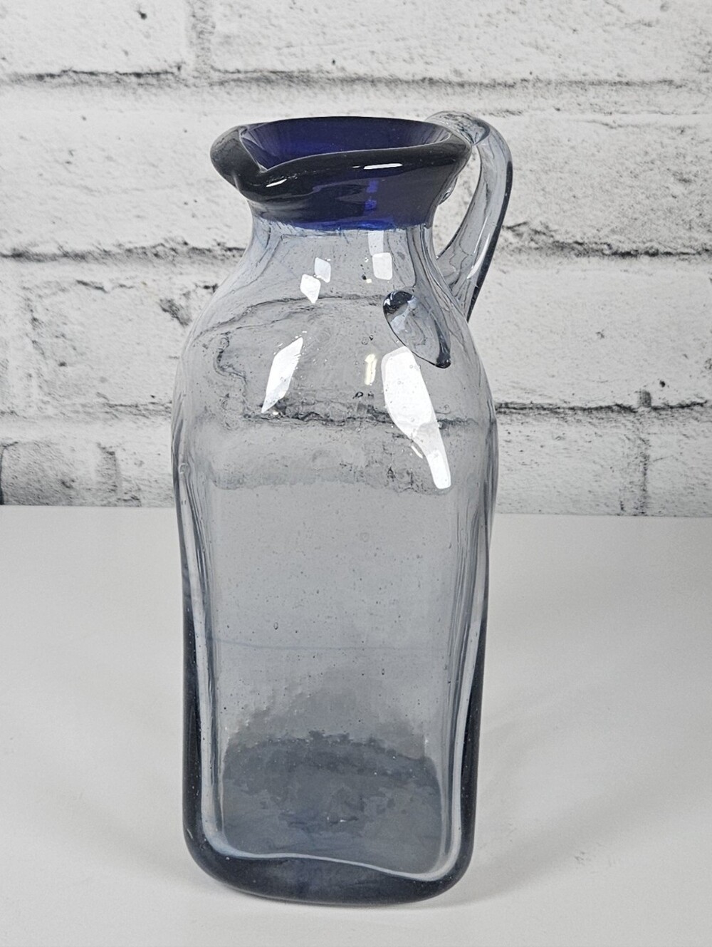 Vintage Hand Blown Glass Pitcher Cobalt Blue Rim Clear Square Base